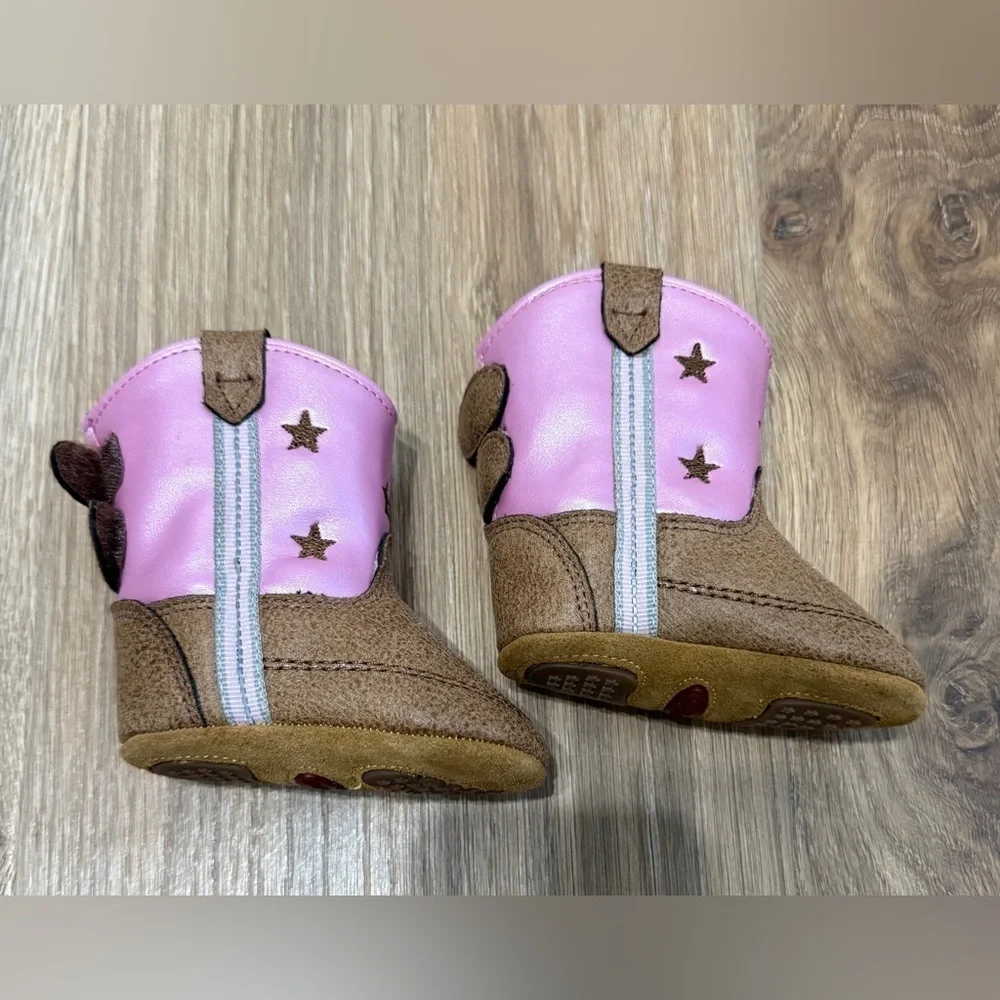 Old West Lia Pink Poppets Infant Cowboy Boots Star Round Toe Size 1